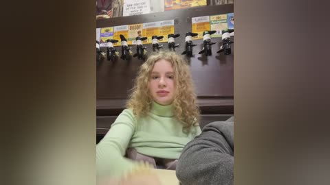Media: Video of a young woman with curly blonde hair, wearing a light green turtleneck sweater and grey pants, sitting at a wooden table in a dimly lit bar. Beer taps with colorful labels in the background.