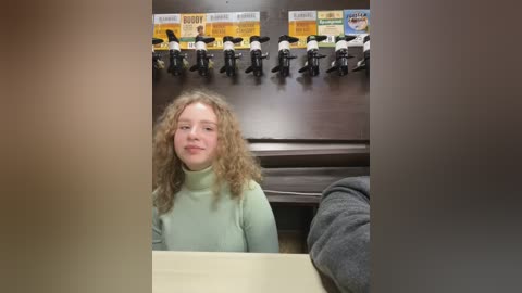 Media: Video of a young, fair-skinned woman with curly blonde hair, wearing a light green turtleneck sweater, seated at a counter with a beige surface. Behind her, a row of black and white horse figurines and colorful horse-themed signs hang on a wooden wall.