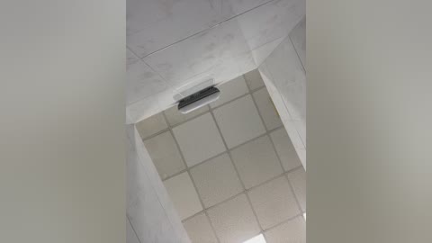Video of a modern, clean bathroom ceiling featuring a white rectangular vent and beige grid-tiled ceiling, with smooth, white marble walls and a corner shower area.