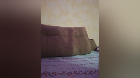 Video of a brown, cushioned headboard against a beige, textured wall. The bedspread features a floral pattern in pastel colors, with a light blue and white base. The room appears dimly lit.