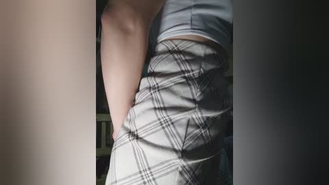 Video of a person's torso wearing a grey plaid skirt, with one hand tucked in the waistband. Background is blurred, featuring a wooden chair. The image is soft and slightly grainy.