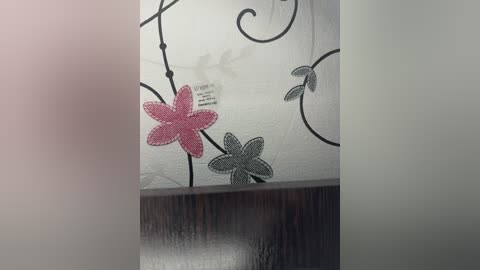 Video of a textured white wall adorned with black and pink embroidered flowers and vines, set against a dark wooden frame.
