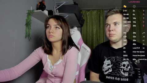 Media: Video of a young woman with medium-length dark hair and a pink cardigan, looking pensive, sitting beside a young man with short brown hair and a black Ghostbusters t-shirt, in a dimly lit room with green curtains and a shelf with plants.