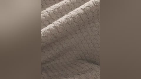 A video of textured, off-white fabric with a repetitive, geometric pattern of dark swirls, displayed against a smooth, light brown background. The fabric appears soft and slightly wrinkled, suggesting a luxurious, high-quality material.