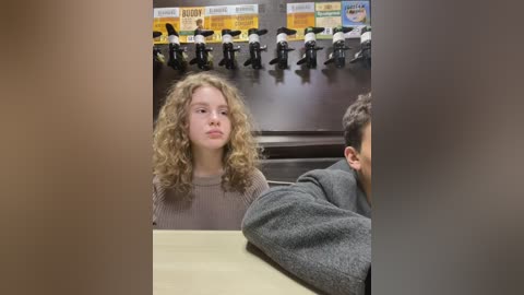 Media: Video of a classroom with a Caucasian girl with curly blonde hair and a serious expression, seated in the foreground. Behind her, rows of miniature figures, possibly students, are lined up on a table, creating a surreal and humorous contrast.