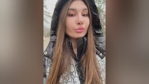 Media: Video of a young woman with long, straight, brown hair, wearing a black and white snake-patterned puffer jacket, making a pouty face outdoors in a blurred, natural background.