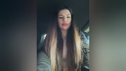 Media: A video of a young woman with long, straight, light brown hair, wearing a gray jacket, seated in a car, looking somewhat drowsy, with a blurry background.