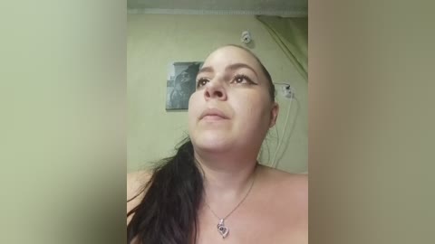 Video of a light-skinned woman with long, dark hair in a ponytail, wearing a silver necklace. She stands against a beige wall with a greenish-gray framed picture and electrical outlets in the background.