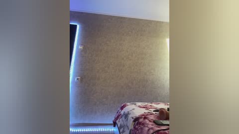 A video of a dimly lit bedroom with beige walls, a bed covered in a red and white floral duvet, and a blue LED light strip along the wall.