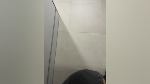 Media: Video of a woman's head and shoulders in a bathroom stall, wearing a black hat, with a mirror reflection showing tiled walls and a white toilet in the background.