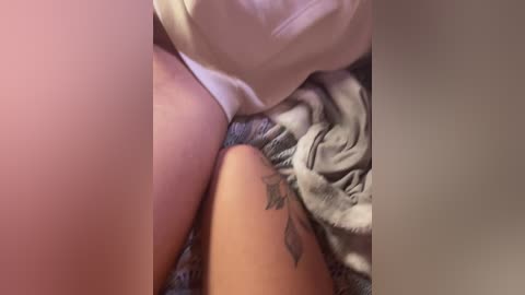 Media: Video of a close-up scene featuring a person's leg with a tattoo, partially covered by a white cloth. The background includes a textured, grey blanket. The image is slightly blurry, focusing on the leg and tattoo.