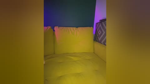 Media: Video of a cozy corner in a room with yellow cushions, teal wall, and a patterned throw pillow, bathed in purple and green lighting.