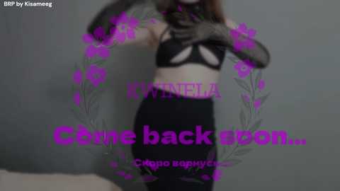 Video of a woman in black lingerie with purple floral overlays, holding her chest, captioned \"Come back soon...\" against a plain gray background.