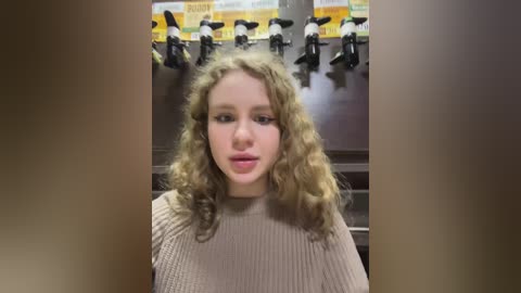 Media: Video of a young, fair-skinned woman with curly blonde hair, wearing a beige ribbed sweater, standing in front of a row of black and white decorative bird figurines in a dimly lit room.