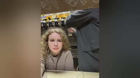 Media: Video of a young girl with curly blonde hair, wearing a beige sweater, sitting at a bar counter with a beer tap behind her.