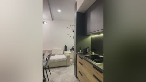 Media: Video of a modern, minimalist apartment with a white sofa, clock wall art, wooden kitchen cabinets, black countertops, and a sleek, open layout.