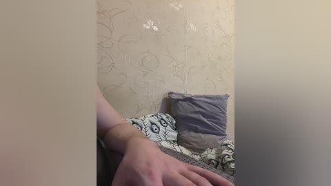 Video of a beige wallpapered wall with a floral design, a grey textured blanket, and a grey pillow on a bed. A hand is partially visible in the foreground.
