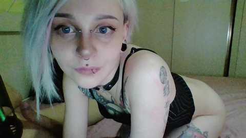 Video of a young woman with pale skin, platinum blonde hair, blue eyes, multiple piercings, and tattoos, wearing black lingerie, lying on a pink bed, in a dimly lit bedroom.