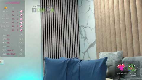 Video of a modern living room with a gray sofa, blue pillows, vertical black-and-white striped wall, white marble accent, and digital clock displaying 11:49.