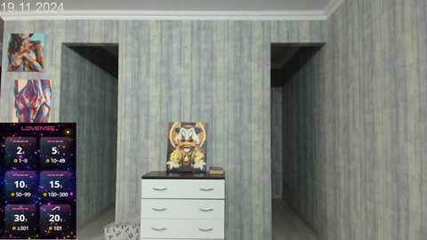 Video of a dimly lit, narrow hallway with pale blue striped wallpaper, featuring a white dresser with a colorful anime poster, and a digital clock showing 19:11 2022.