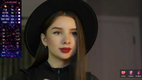 Media: Video of a young woman with fair skin, long brown hair, wearing a black hat and black top, in a dimly lit room. The image also includes a digital overlay with astrological information.