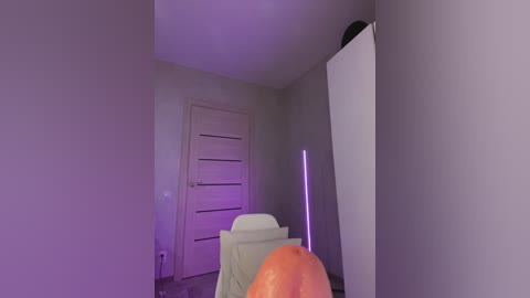 Media: Video of a minimalist, dimly lit room with a closed door, white chair, and a purple spotlight on a white wall.