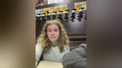 Media: A video of a young woman with curly blonde hair, wearing a light green turtleneck sweater, seated at a bar counter. Behind her, beer taps and signs are visible, creating a casual, pub-like atmosphere.