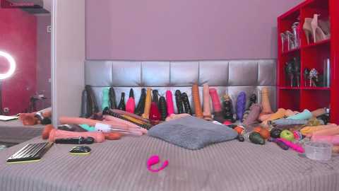 Media: Video of a cluttered bedroom with a bed covered in vibrators and sex toys, featuring a pink wall and red bookshelf.