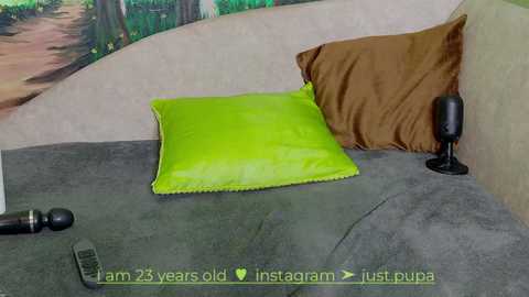 Media: Video of a cozy bedroom corner with a bright neon green pillow on a gray bedspread, brown pillow, and a black lamp. Background features a mural of a forest. Text at the bottom reads \"farm 25 years old instagram just pupa.\