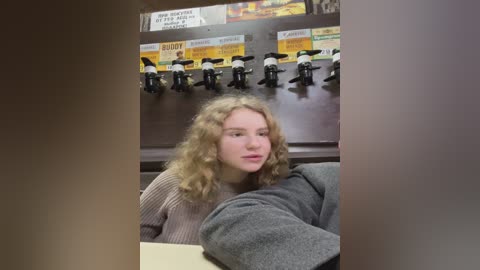 Media: Video of a young woman with curly blonde hair, wearing a beige sweater, sitting in a fast-food restaurant, with beer taps and signs in the background.