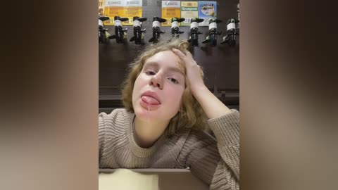 Media: Video of a young woman with curly brown hair, wearing a beige sweater, sticking out her tongue while resting her head on her hand, surrounded by beer taps and posters in a dimly lit bar.