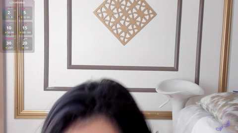 Video of a woman with long black hair, wearing a white top, standing in a room with a white wall featuring a gold-framed diamond-shaped wooden panel, and a white vase on the right.