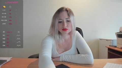 A video of a Caucasian woman with platinum blonde hair and red lipstick, wearing a white long-sleeve top, sitting at a desk in a minimalist office with a calendar and printer in the background.