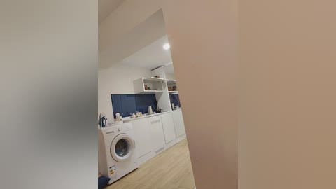 Media: Video of a modern, minimalist laundry room with white walls, a blue backsplash, white cabinets, a white washer, and light wood flooring.