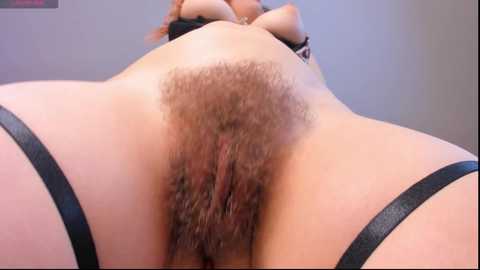Media: Video of a woman with fair skin, lying on her back, displaying a full bush of curly dark pubic hair. She wears black lingerie straps. Background is a blurred, neutral-toned room.