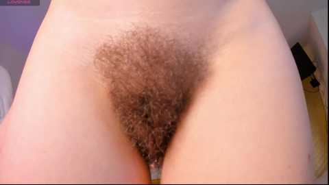 Media: Video of a nude, light-skinned woman with a thick, curly bush of pubic hair, viewed from the waist down.