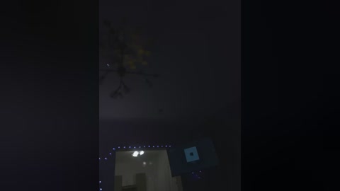 A dimly lit, grainy video of a room featuring a large, dark, rectangular object with a blue square icon on its side, and a desk with a small, glowing lamp.