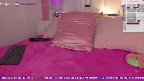 Media: A video of a pink bedroom with a plush, fuchsia bedspread, two pillows, a keyboard, and a microphone, with a video game interface in the background.
