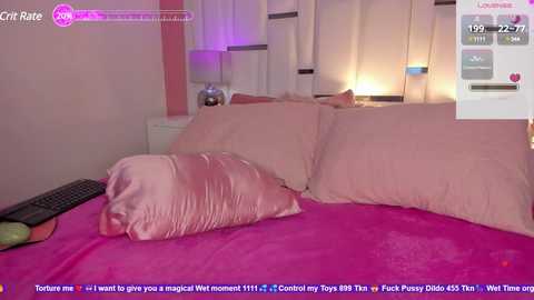 Media: Video of a pink-themed bedroom featuring a plush bed with a computer screen displaying a virtual reality scene of a woman in a bikini.