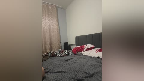 Media: Video of a messy bedroom with a gray knitted blanket, red and white pillows, a zebra-patterned sheet, beige curtains, and a black headboard against white walls.