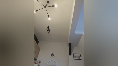 Video of a modern, minimalist bathroom with white walls, a round mirror, a black-framed picture, and a multi-armed chandelier.