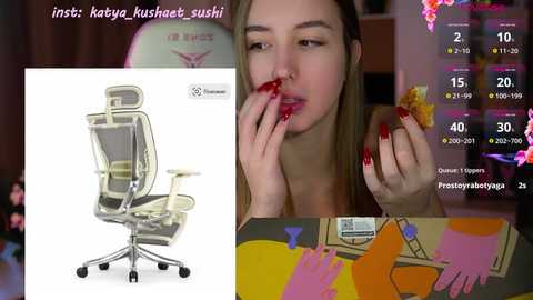 Media: A video of a blonde woman eating sushi, juxtaposed with a close-up of a clear office chair with a black cushion. The background features a colorful, cluttered room with a gaming setup.