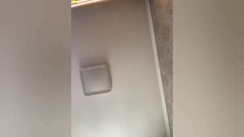 Video of a beige ceiling with a rectangular light fixture and a textured stone wall, highlighting a minimalist and clean interior design.