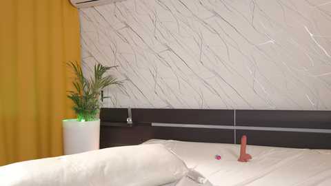Video of a modern bedroom with white bed, black headboard, and textured gray wall. A yellow curtain, a potted plant, and a red dildo are on the bed.