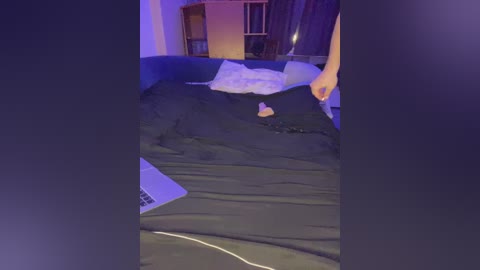 Media: A dimly lit bedroom video with a laptop open on a black bedspread, a person in a white shirt partially visible, and a small object on the bed.