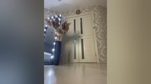 A video of a modern hallway with cream wallpaper, a tall vase of dried pampas grass, a white door with frosted glass panels, and string lights.