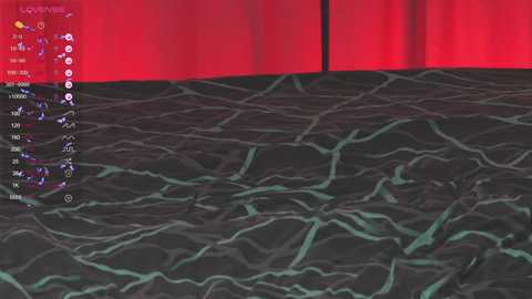 A screenshot from a video game featuring a black and green marble-patterned floor with a red curtain backdrop. The left side displays game interface elements.