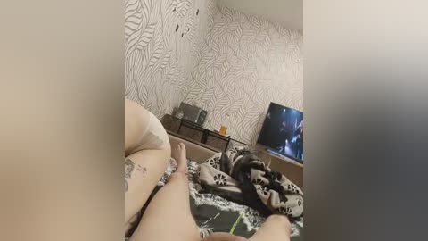A video of a partially clothed person with light skin, lying on a bed with a patterned blanket. The room features a TV on a wooden stand and a zebra-patterned wallpaper.