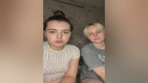 Media: Video of two young women with fair skin and light hair, one with a bun and the other in a grey shirt, sitting indoors against a patterned wallpaper background.