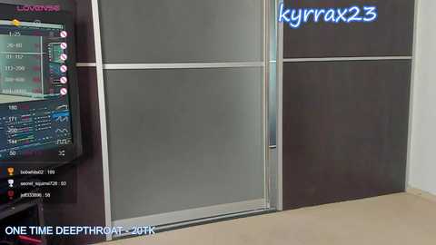 Media: Video of a modern office wall with a large monitor displaying stock market data, and a dark brown door with a \"kyrpx23\" label.